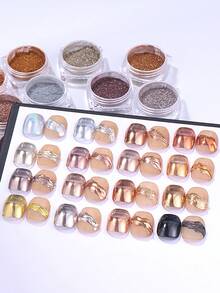 16 色金属镀铬指甲粉套装 Y2K 魔镜 RGold 棕色香槟色激光全息装饰摩擦闪光颜料片美甲配件美甲用品 - 彩色 - 查看 7