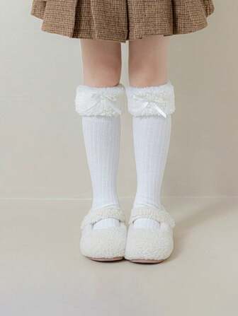 1 Pair Of Children's Socks, Bow Girl Princess Calf Socks Autumn And Winter Soft And Comfortable Skin Cute Elegant Gorgeous Style.