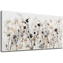 Abstract Floral Canvas Wall Art Grey Cream White Grass Flowers Canvas Pictures Modern Landscape Painting Botanic Artwork For Living Room Bedroom Kitchen Office Wall Decor