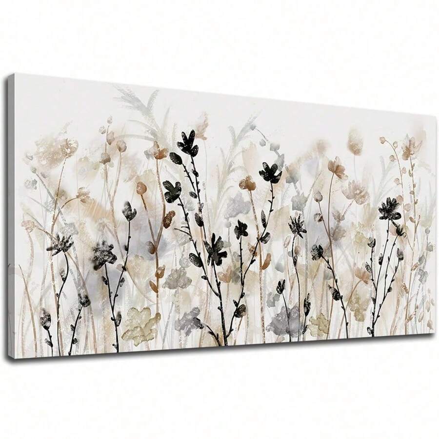 Abstract Floral Canvas Wall Art Grey Cream White Grass Flowers Canvas Pictures Modern Landscape Painting Botanic Artwork For Living Room Bedroom Kitchen Office Wall Decor