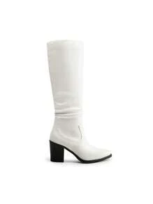 Women's Knee-High Boots, Comfortable Chunky Block Heel Pointed Toe Pull On Side Zipper Suede Slouch Riding Boots - trắng - Xem 7