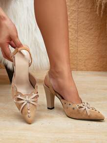 Apricot Faux Suede Rivet Bow Decor Pointed Toe Thick Heel Women's High Heels, Suitable For Daily, Banquet, Party - Apricot - View 1
