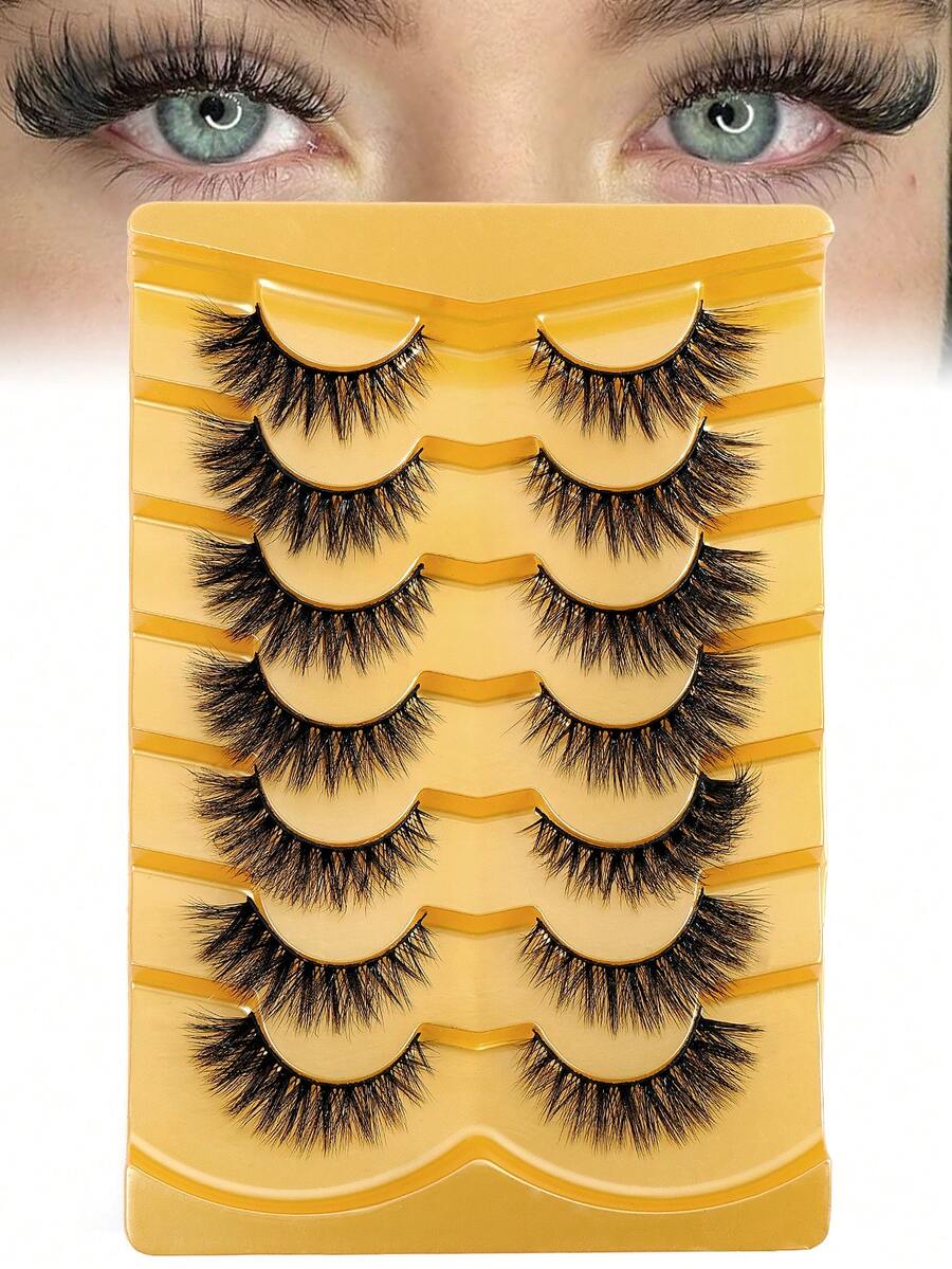 7Pairs D Curl Of Natural Cross Full False Eyelashes,Thick Curling Fluffy Eyelashes For Party Use Manga Eyelashes, Travel Essentials,Dramatic 3D Mink Lashes Long Wispy Eyelash Cilia,Messy - 黑色 - 查看 1