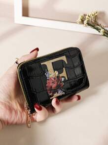 Cartera organizadora de tarjetas con cremallera alrededor, estampado de flores y hojas en acuarela, letras del alfabeto con relieve de piedra y estampado de cocodrilo, de múltiples capas, portátil y minimalista, ideal como regalo de aniversario, cumpleaños, para pareja, niña, mujer, para llevar a la escuela, universidad o como complemento de moda - Negro - Ver 21