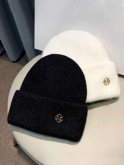 1pc M Logo Knitted Outdoor Cap, Ear Protection High-End Ski Cap, Thick And Warm For Large Head Circumference, Winter For Women