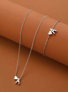1 Necklace + 1 Bracelet, Minimalist Style Jewelry Set For Women, Letter And Heart Design, Multiple Letter Options, Suitable For Daily Wear, Party Accessories, Valentine's Day, Mother's Day, Gift For Mom - Silver - View 4