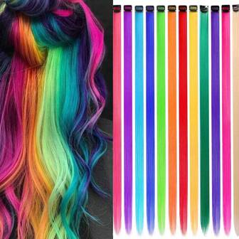 12pcs Colorful Rainbow Hair Extensions, 22 Inch Rainbow Hair Extensions With Highlights Party Hair Accessories For Girls Women