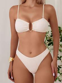 Beige Wavy U-Neck Sexy Bikini Set Top & Bottom , Summer Beach Vacation