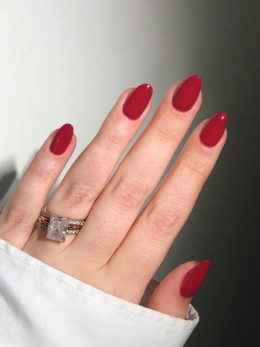 24pcs Short Oval Red Acrylic False Nails Set. Includes 1pc Jelly Gel And 1pc Nail File, Easy To Wear. - Rose Red - View 1