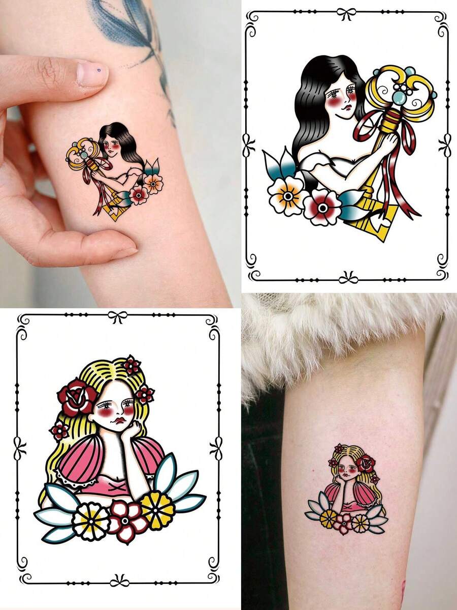 2 件 Y2K 时尚美式青少年图案节日礼物身体颈部锁骨手腕防水临时纹身贴纸 - 彩色 - 查看 1