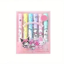 Sanrio 6pcs Sanrio Highlighter Pen - Eye Friendly, Colorful Circular Tip, Medium Plastic Material, Snap On Cap, Suitable For Daily Office/Diary And Note Taking, Ideal Choice For Students And Professionals