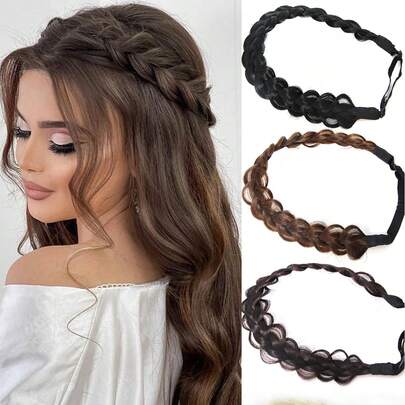 合成可调节手工编织头带 耐高温合成编织头带 头饰 辫子头带 带松紧带 女士发饰