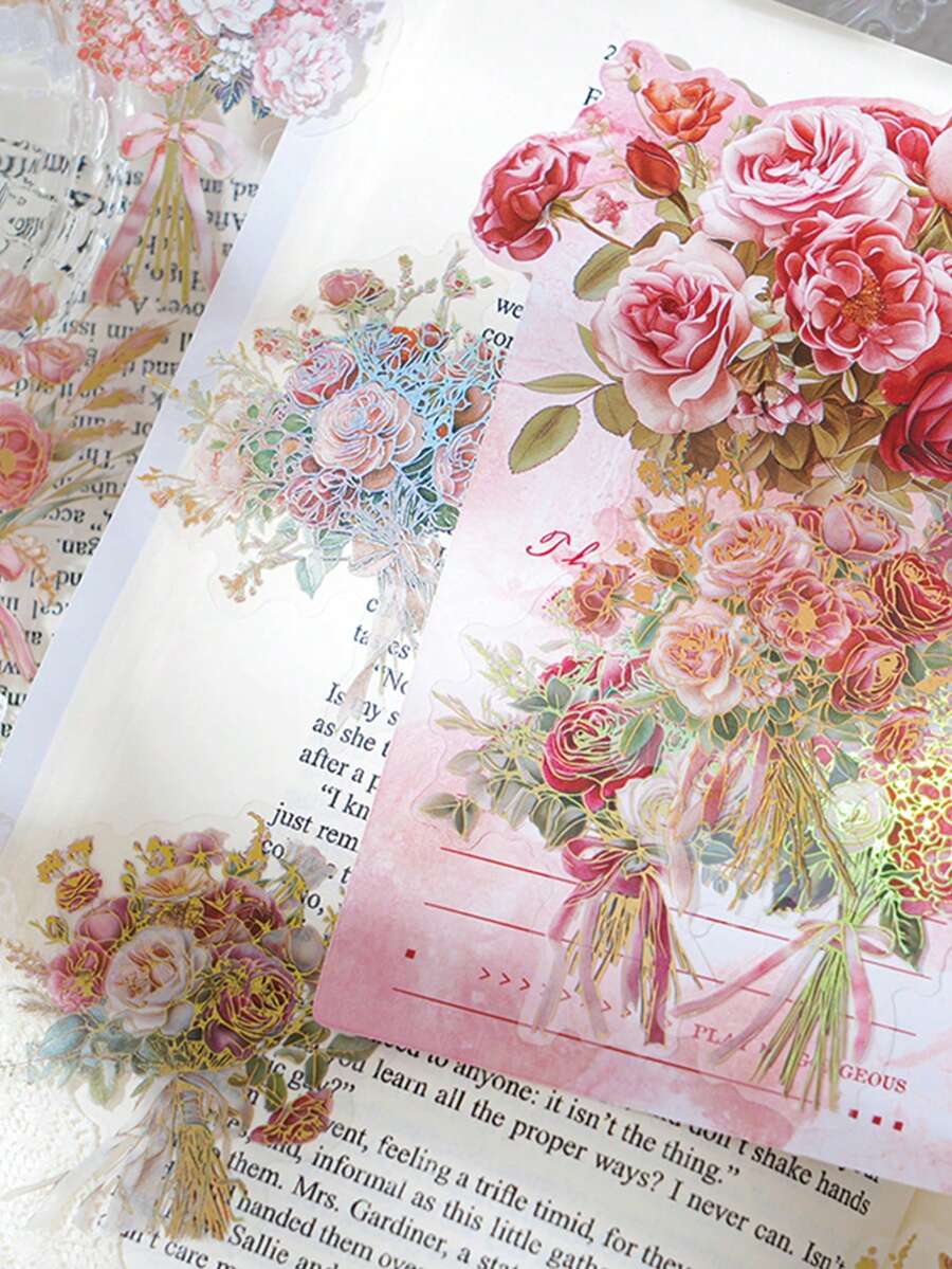 10 件/包花卉承诺主题铝箔贴纸，花卉图案材料，用于剪贴簿装饰，PET 材料 - 彩色 - 查看 1