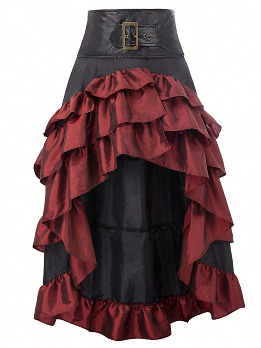 Falda gótica estilo steampunk para mujer, falda victoriana con cinturón de estilo renacentista y bajo irregular, disfraz de cosplay - Rojo - Ver 1