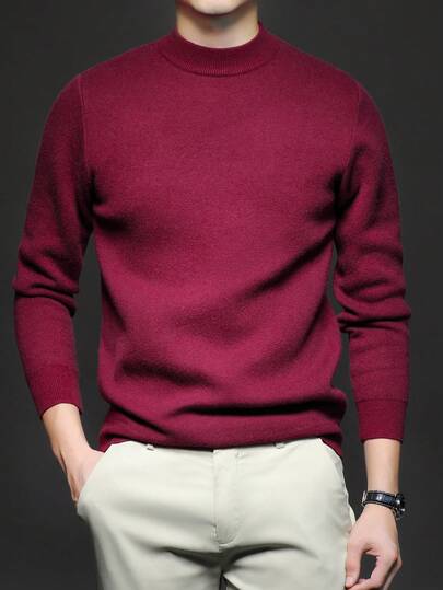 Men's Stand Collar Long Sleeve Solid Color Minimalist Casual Knitted Sweater, Lightweight For Autumn/Winter