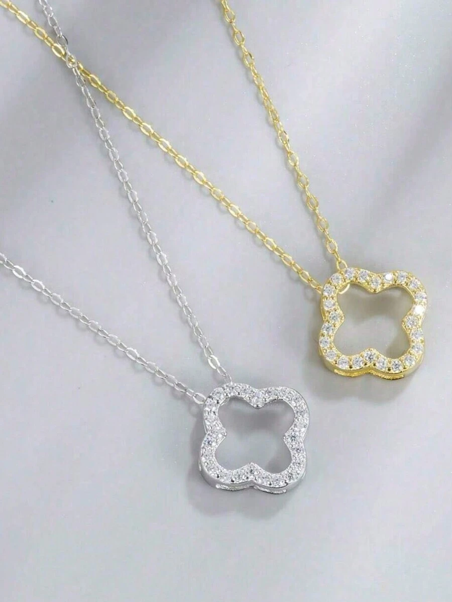 1pc 925 Sterling Silver Hollow 4-Leaf Flower Pendant Necklace, Elegant Jewelry Gift For Girlfriend, Best Friend