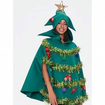 1pc New Christmas Tree Dress Women Hooded Cloak 3D Performance Outfit, Christmas Cosplay Christmas Tree Set, Cute Green Christmas Tree Stage Costume Halloween