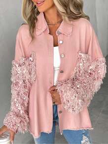 ChicMe Sequin Patchwork Casual Jacket, Long Sleeve Button Front Fringe Denim Shirt Style Outerwear - Pink - View 6