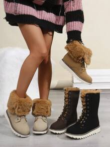 Neue modische Boots mit dicker Sohle, wasserdicht, plüschig warm, Retrostil mit Ösen zum Schnüren, süßer Partnerlook, klassische rutschfeste Schneestiefel, kurzer Schaft mit weicher Sohle, geeignet für Frühling, Herbst, Winter