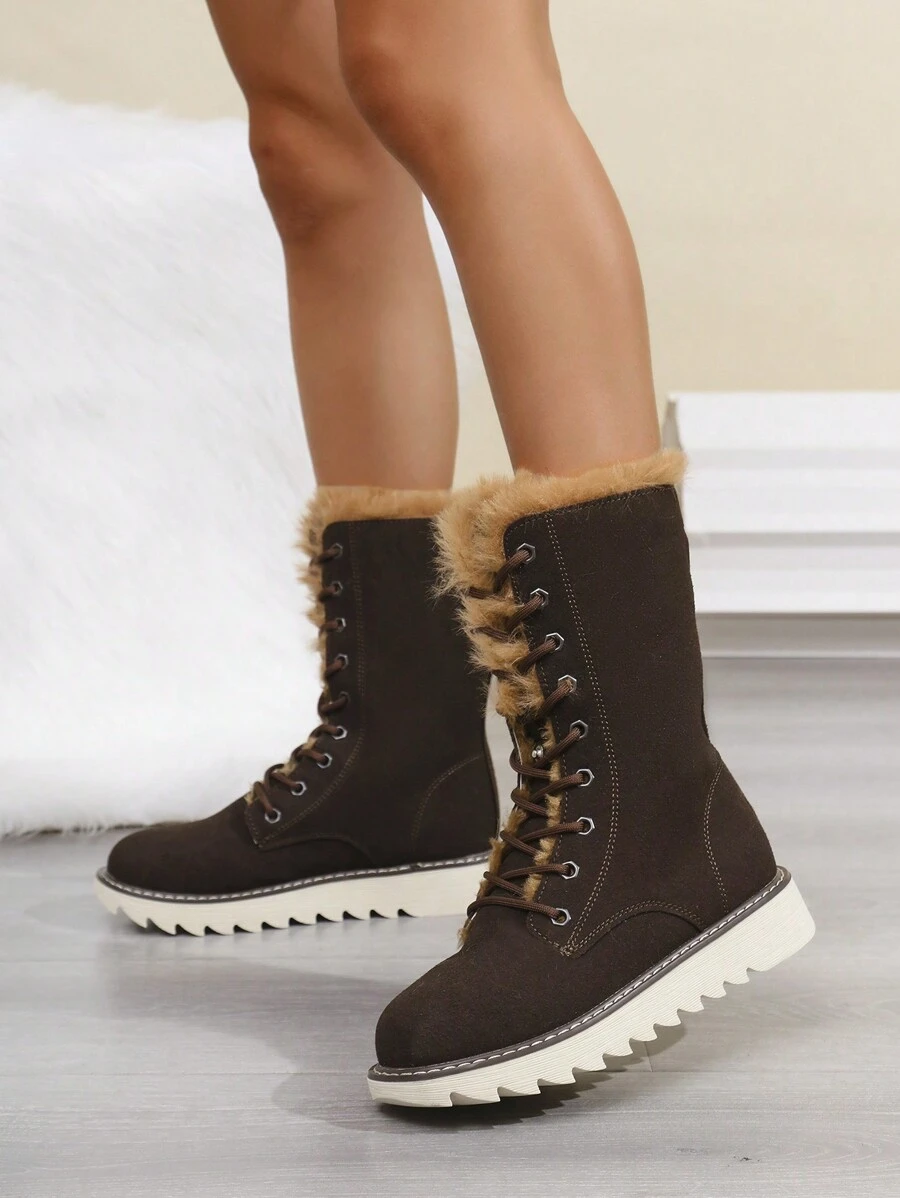 Neue modische Boots mit dicker Sohle, wasserdicht, plüschig warm, Retrostil mit Ösen zum Schnüren, süßer Partnerlook, klassische rutschfeste Schneestiefel, kurzer Schaft mit weicher Sohle, geeignet für Frühling, Herbst, Winter