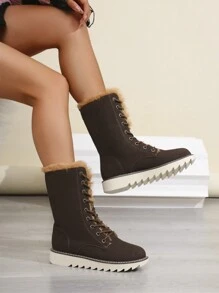 Neue modische Boots mit dicker Sohle, wasserdicht, plüschig warm, Retrostil mit Ösen zum Schnüren, süßer Partnerlook, klassische rutschfeste Schneestiefel, kurzer Schaft mit weicher Sohle, geeignet für Frühling, Herbst, Winter