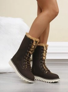 Neue modische Boots mit dicker Sohle, wasserdicht, plüschig warm, Retrostil mit Ösen zum Schnüren, süßer Partnerlook, klassische rutschfeste Schneestiefel, kurzer Schaft mit weicher Sohle, geeignet für Frühling, Herbst, Winter