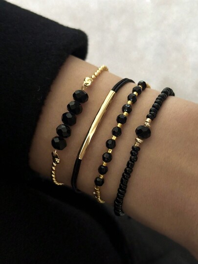 4 Pcs/Set Fashion Black Crystal Handmade Beads Bracelets Set For Women, Fashion Vacation Party Jewelry Gifts