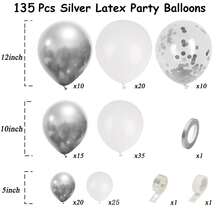 135 件银色、白色和银色五彩纸屑乳胶气球花环气球套装，适用于婚礼、生日、流行派对、新娘送礼会、毕业典礼装饰气球和家庭聚会 - 彩色 - 查看 2