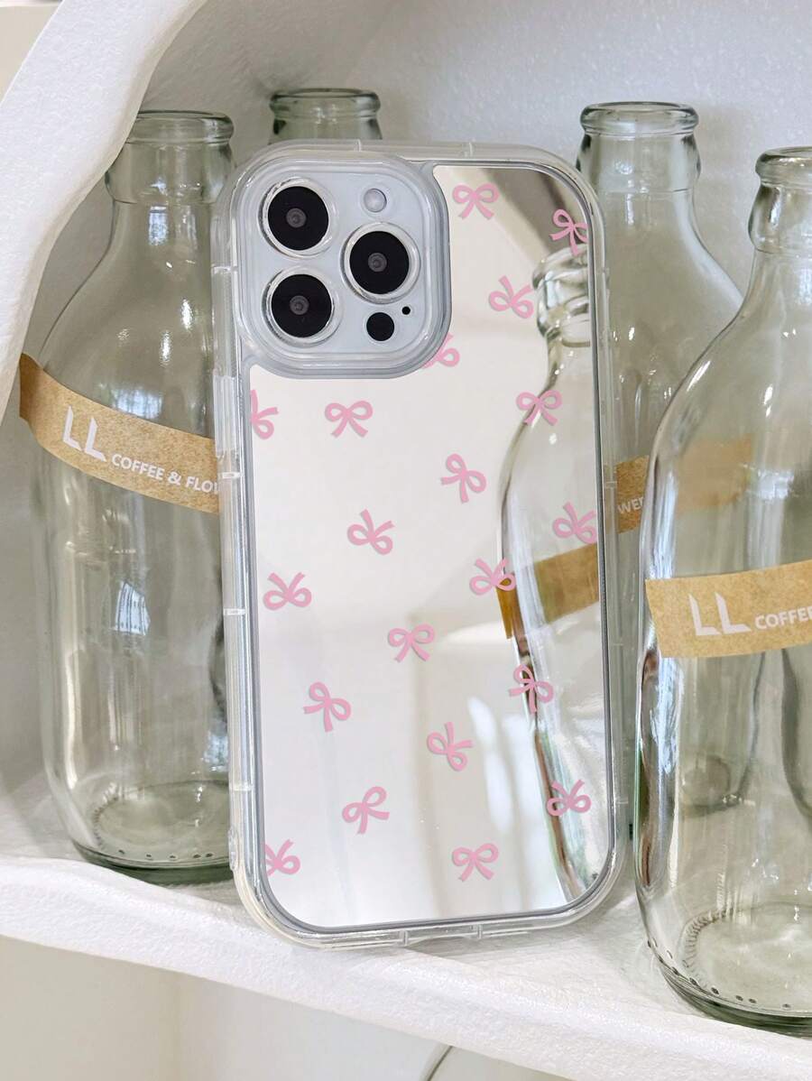 手机壳 1 件少女粉色蝴蝶结装饰穿孔透明镜面软手机壳,适用于 Iphone11/12/13/14/15/16 Pro Max 防水防震防摔防刮 - 彩色 - 查看 1