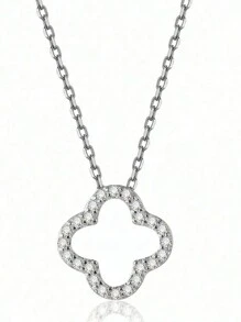 1pc 925 Sterling Silver Hollow 4-Leaf Flower Pendant Necklace, Elegant Jewelry Gift For Girlfriend, Best Friend