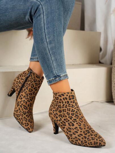 Women's Ankle Boots, Leopard Print Suede Boots With Chunky Heel, Women's High Heel Pumps, Leopard Print Pointed Toe Boots, Side Zipper Fashion Suede Platform Boots