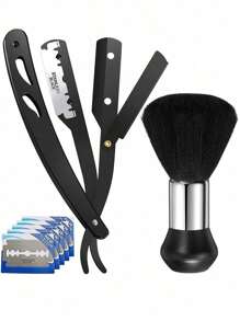 1Set Barber Straight Edge Razor Replaceable Blades Haircut Beard Eyebrow Shaving Tool Manual Depilation Razor Neck Duster Brush
