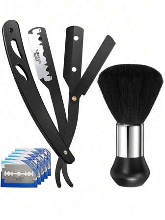 1 套理发直刃剃须刀可更换刀片理发胡须眉毛剃须工具手动脱毛剃须刀颈部除毛刷