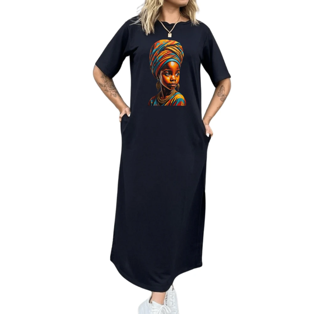 Women's African Turban Print Midi Dress With Side Slit And Pockets - màu đen - Xem 1