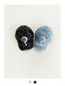 1 件宽边破洞牛仔棒球帽，男女通用休闲可调节棒球帽，带问号刺绣的穿孔设计，复古水洗，适合春秋季节 - 彩色 - 查看 2