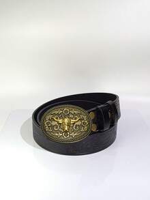 1 条男士皮带，西式真皮和 PU 皮革腰带，带浮雕图案，新款牛仔合金金牛头扣，独特男士休闲皮带 - A - 查看 11