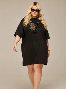 Plus Size Oversized Round Neck Leopard Print T-Shirts - màu đen - Xem 1