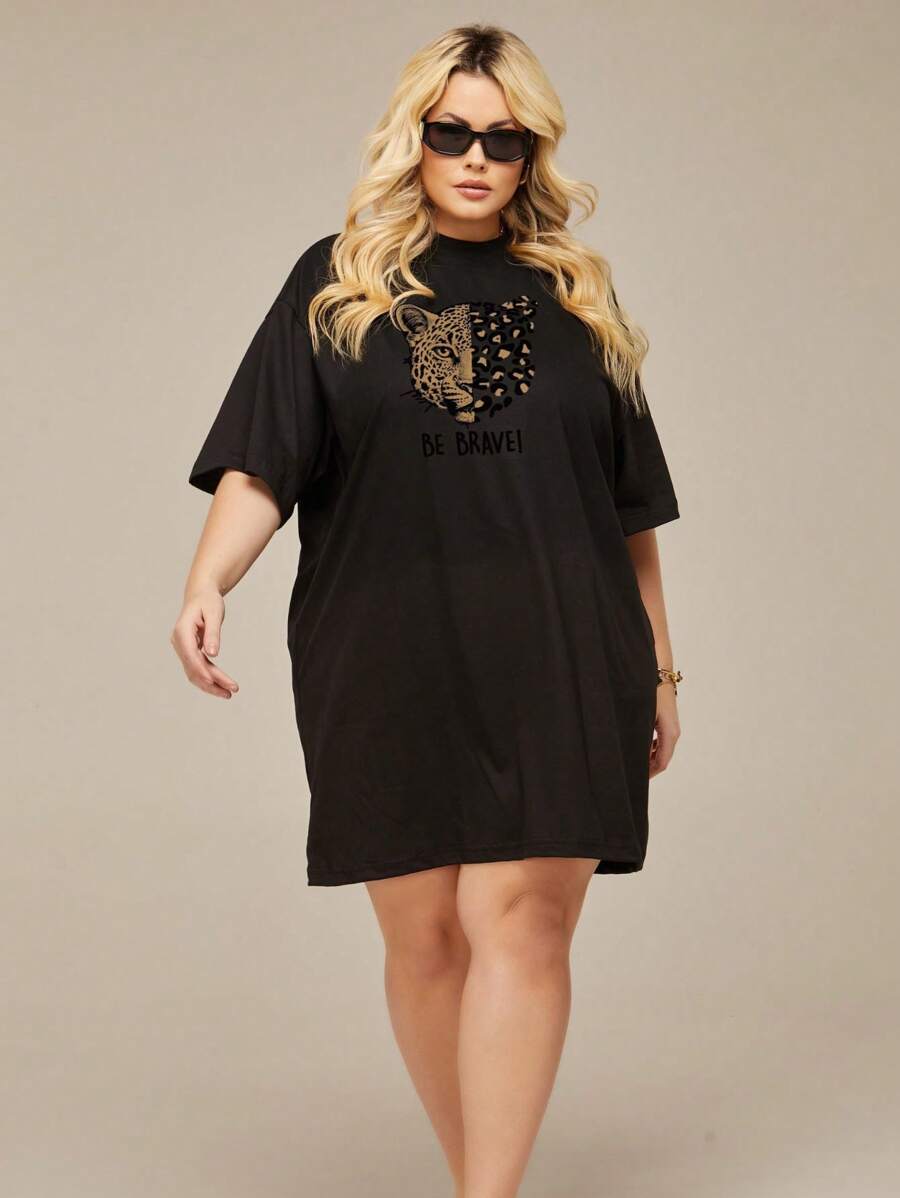 Plus Size Oversized Round Neck Leopard Print T-Shirts - màu đen - Xem 1