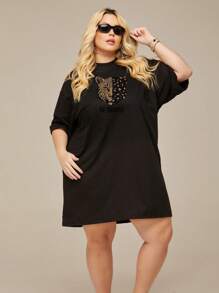 Plus Size Oversized Round Neck Leopard Print T-Shirts - màu đen - Xem 3