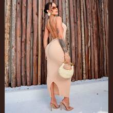 Ribbed Sheath Dress With Open Back And Ruched Straps Midi - Màu be - Xem 5