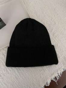 1顶冬季帽子，纯色可爱毛绒针织帽，柔软保暖滑雪帽，女士时尚翻边纯色骷髅针织帽，男女通用休闲抓绒帽