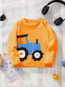 年轻男孩长袖 T 恤，卡通汽车印花设计，秋季时尚潮流上衣 - 橘色 - 查看 1