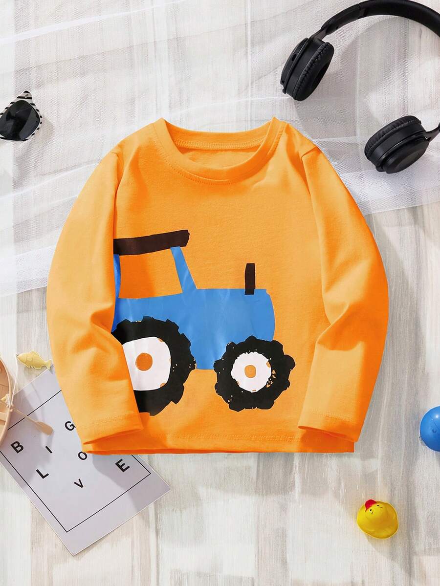 年轻男孩长袖 T 恤，卡通汽车印花设计，秋季时尚潮流上衣 - 橘色 - 查看 1