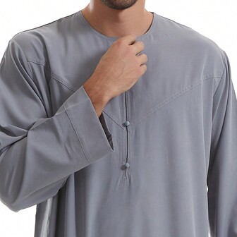 Robe masculina de cor sólida, feita à mão, com botões e gola redonda, ideal para o Ramadã e o Eid al-Fitr. Roupa islâmica tradicional e elegante.