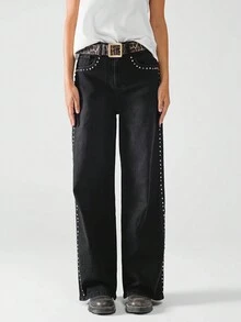 High-Waisted Rivet & Rhinestone Decor Skinny Black Straight-Leg Jeans For Women - Black - View 5