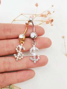 1 件夜店风格银色闪亮水钻美元 USD 字符吊坠肚脐钉适合辣妹、女性日常佩戴抗过敏不锈钢穿刺肚脐配件 - 彩色 - 查看 7