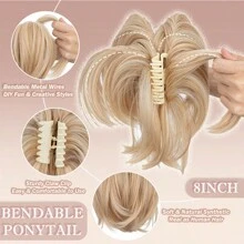 8inch/20cm Claw Clip Short Ponytail Hair Extensions With 4 Bendable Metals DIY Style Synthetic Hair Pony Tail Messy Bun Hairpiece Straight To Curly High Fluffly Chignon Updo Hairpieces Black Brown Blonde Highlight Daily Party Halloween Christmas Gift - Tóc vàng sẫm đến tóc vàng tẩy - Xem 5