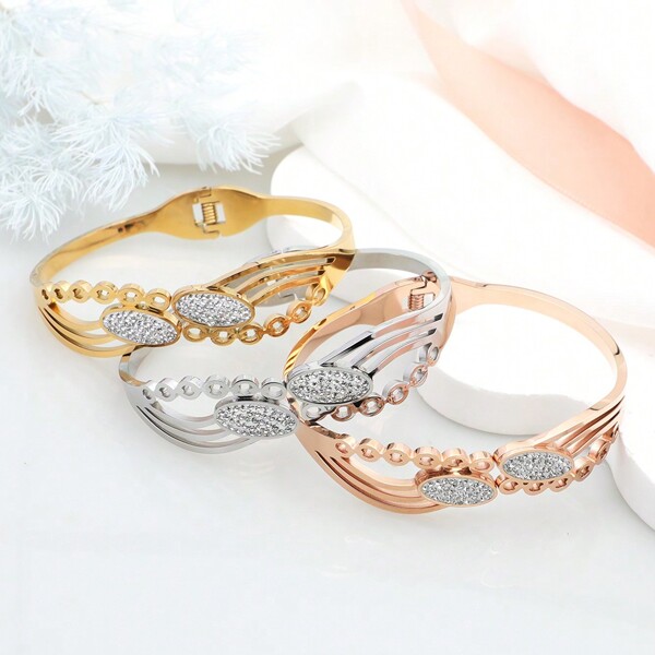 1 szt. Nowa stal nierdzewna 18K platerowana cyrkonią kamień asymetryczna pusta bransoletka, modna prosta nieblaknąca bransoletka z kryształkami, najlepszy prezent dla przyjaciół, Walentynki