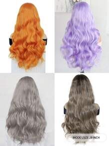 13*4*1 中分 T 型橙色紫色银灰色混合灰色合成蕾丝前假发，预拔自然发际线，女士 28 英寸长耐热蓬松波浪发高清透明蕾丝前假发 - 彩色 - 查看 3