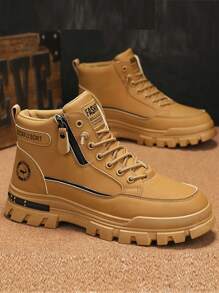 男士高帮皮革牛仔靴，厚底防滑耐磨中筒圆头系带侧拉链踝靴，时尚户外登山靴，最大尺码 46，搭配夹克 - 卡其色 - 查看 4